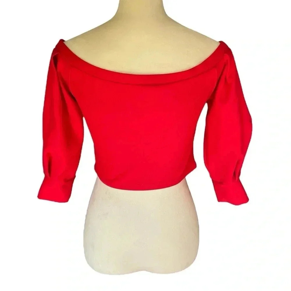 Zara Trafaluc Cropped Off the Shoulder Top Red Puff 3/4 Sleeves Women Size M